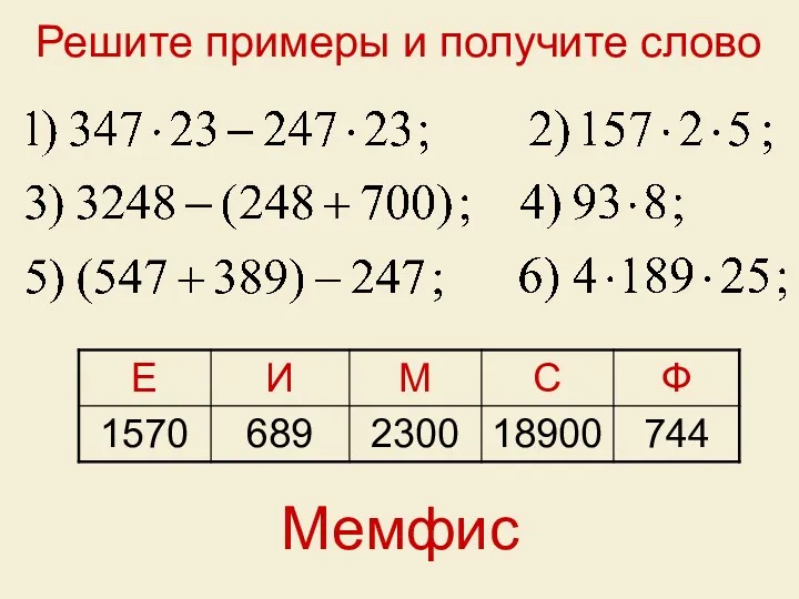 Решите примеры и получите слово Мемфис