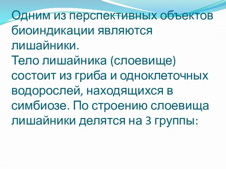 Одним из перспективных объектов биоиндикации являются лишайники. Тело лишайника (слоевище)