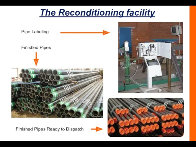 The Reconditioning facility Pipe Labeling Finished Pipes Finished Pipes Ready to Dispatch