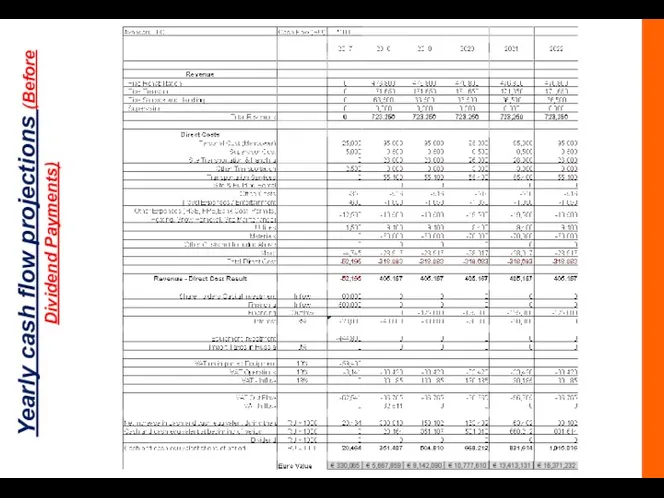 Yearly cash flow projections (Before Dividend Payments)