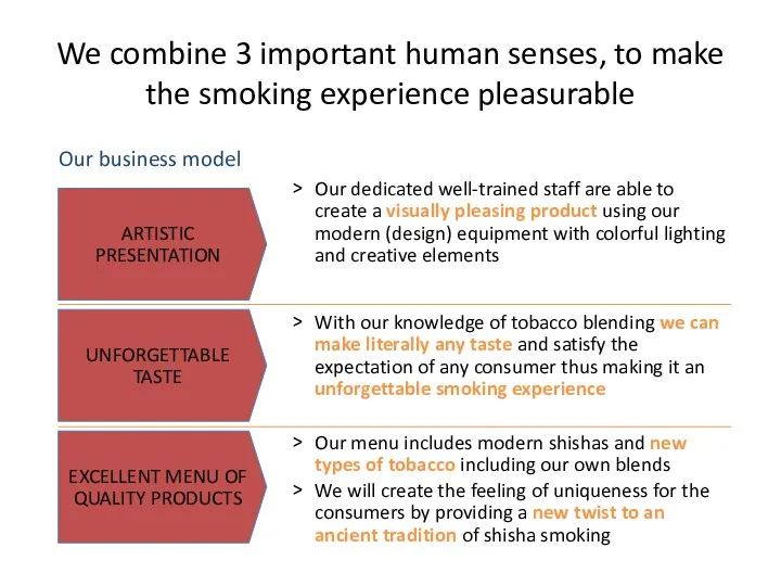 We combine 3 important human senses, to make the smoking experience pleasurable Our