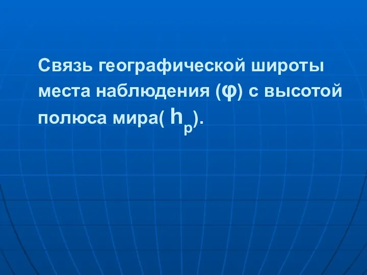 Связь географической широты места наблюдения (φ) с высотой полюса мира( hр).