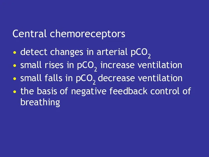 Central chemoreceptors detect changes in arterial pCO2 small rises in pCO2 increase ventilation
