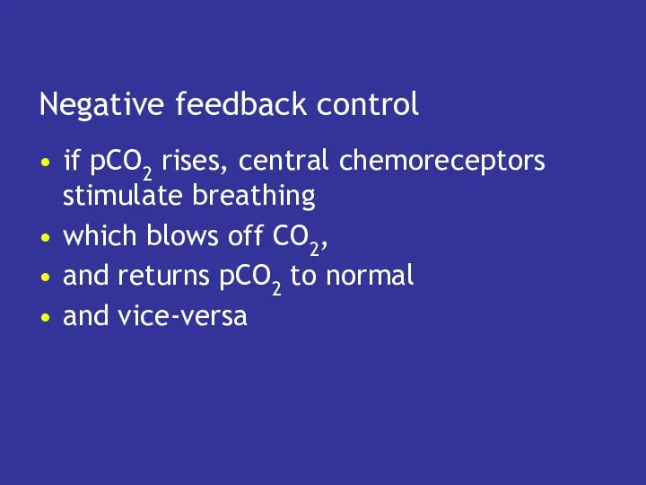 Negative feedback control if pCO2 rises, central chemoreceptors stimulate breathing