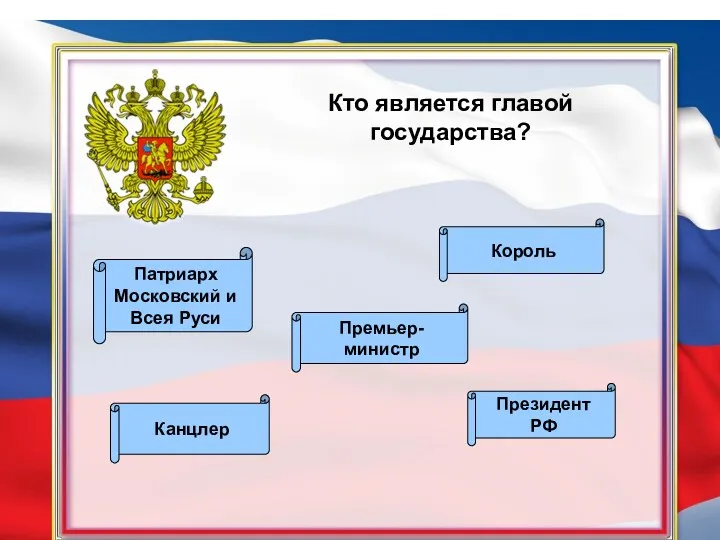 Кто является главой государства? Президент РФ Король Канцлер Патриарх Московский и Всея Руси Премьер- министр