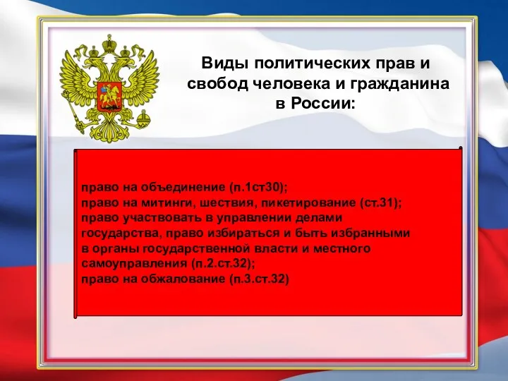 Виды политических прав и свобод человека и гражданина в России: