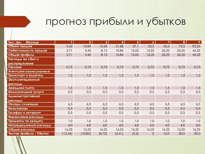 прогноз прибыли и убытков