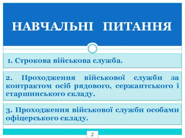 НАВЧАЛЬНІ ПИТАННЯ 1. Строкова військова служба. 2. Проходження військової служби