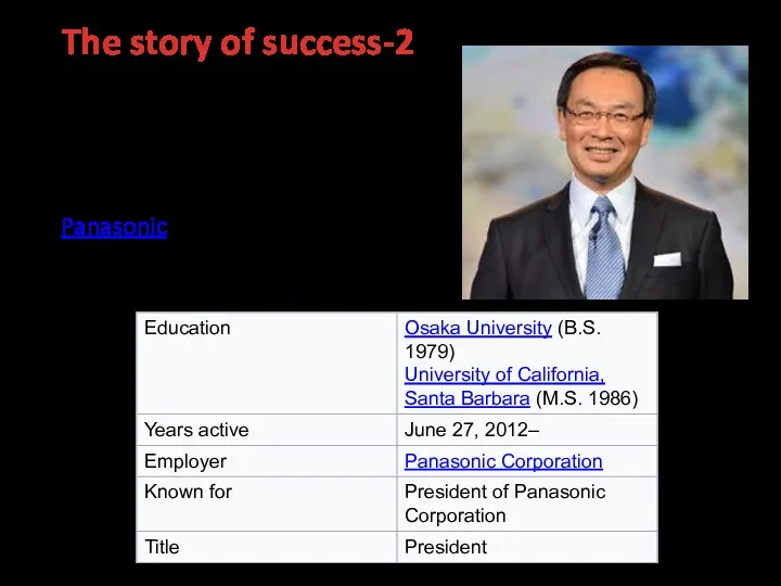 Kazuhiro Tsuga Kazuhiro Tsuga is the current President of Panasonic. The story of success-2