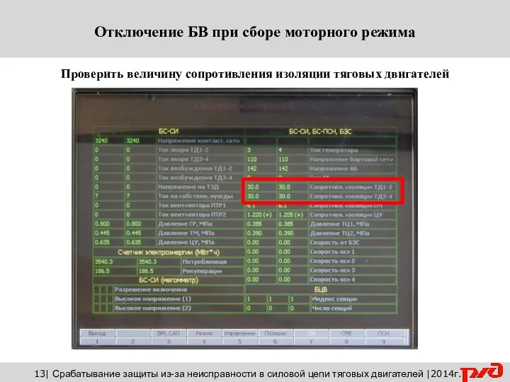 13| Срабатывание защиты из-за неисправности в силовой цепи тяговых двигателей