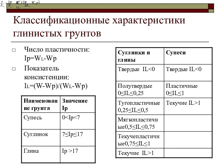 Классификационные характеристики глинистых грунтов Число пластичности: Ip=WL-Wp Показатель консистенции: IL=(W-Wp)/(WL-Wp)