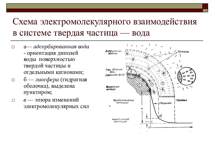 Схема электромолекулярного взаимодействия в системе твердая частица — вода а—