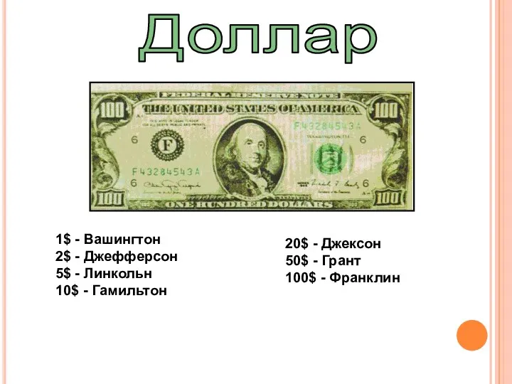 Доллар 1$ - Вашингтон 2$ - Джефферсон 5$ - Линкольн