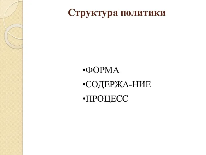 Структура политики ФОРМА СОДЕРЖА-НИЕ ПРОЦЕСС