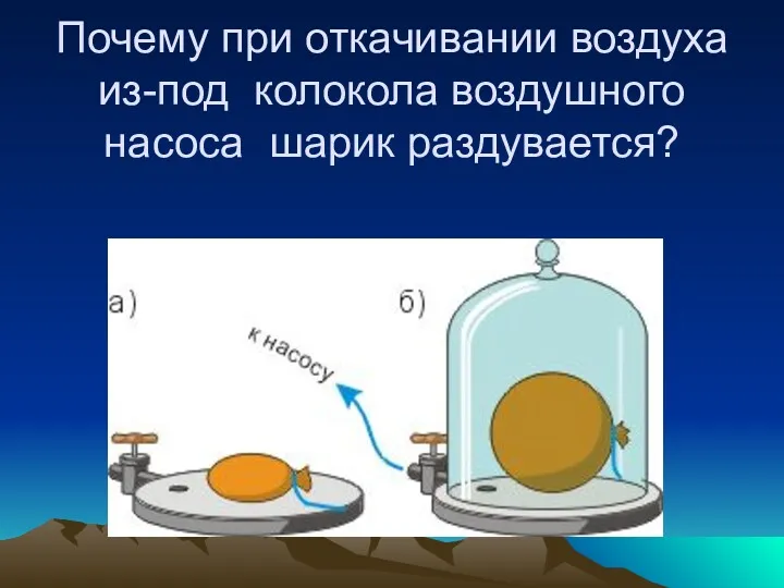 Почему при откачивании воздуха из-под колокола воздушного насоса шарик раздувается?