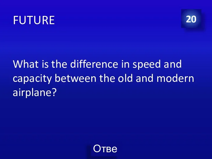 FUTURE What is the difference in speed and capacity between the old and modern airplane? 20