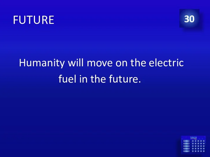FUTURE Humanity will move on the electric fuel in the future. 30