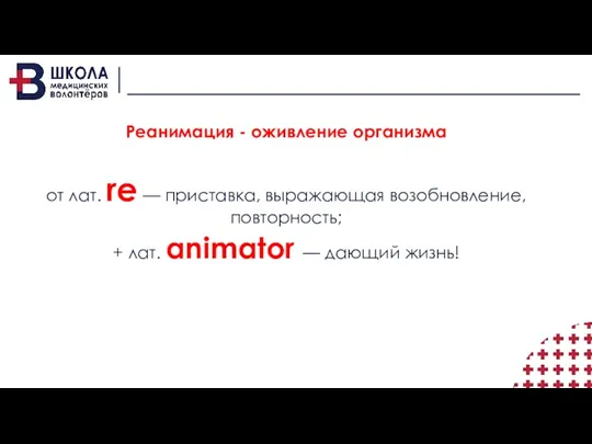 Реанимация - оживление организма от лат. re — приставка, выражающая