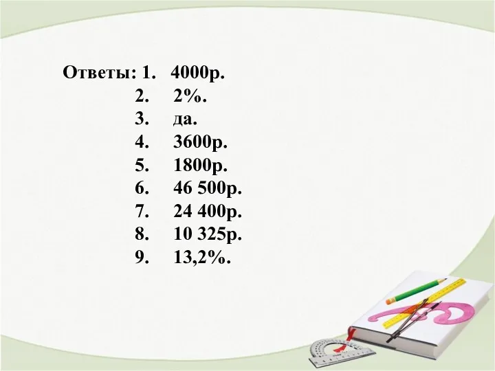 Ответы: 1. 4000р. 2. 2%. 3. да. 4. 3600р. 5.