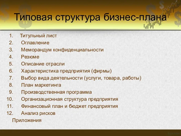 Типовая структура бизнес-плана Титульный лист Оглавление Меморандум конфиденциальности Резюме Описание отрасли Характеристика предприятия