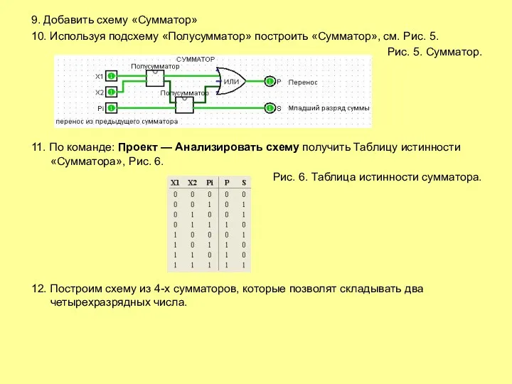 9. Добавить схему «Сумматор» 10. Используя подсхему «Полусумматор» построить «Сумматор»,