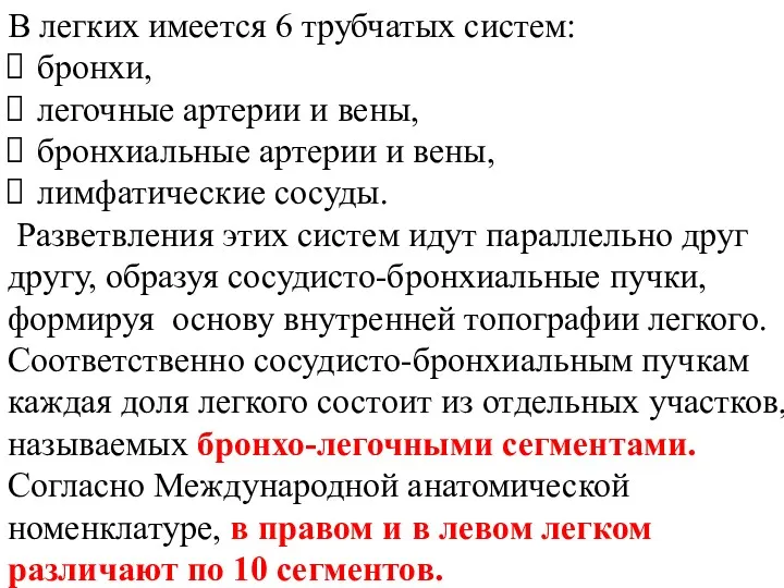 В легких имеется 6 трубчатых систем: бронхи, легочные артерии и