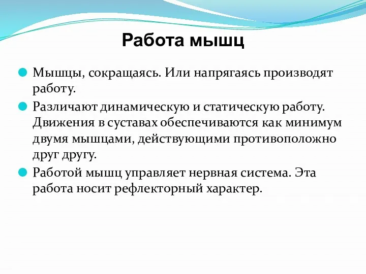 Работа мышц Мышцы, сокращаясь. Или напрягаясь производят работу. Различают динамическую