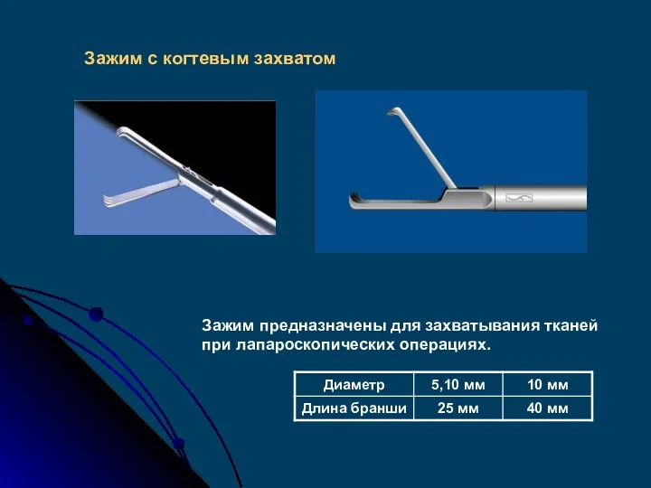 Зажим с когтевым захватом Зажим предназначены для захватывания тканей при лапароскопических операциях.