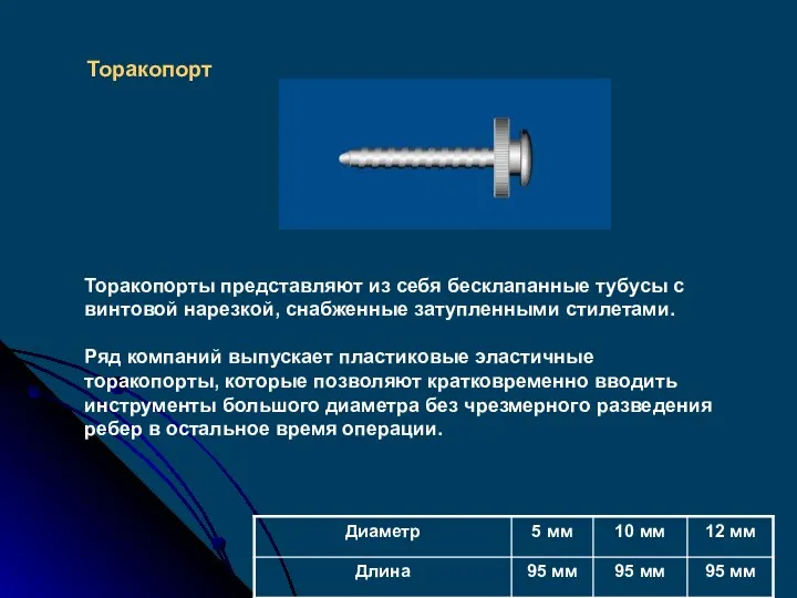 Торакопорт Торакопорты представляют из себя бесклапанные тубусы с винтовой нарезкой,