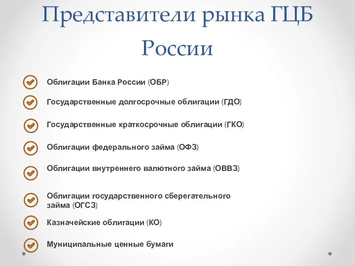 Представители рынка ГЦБ России Облигации Банка России (ОБР) Государственные долгосрочные облигации (ГДО) Государственные