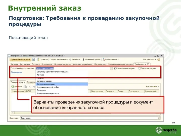 Внутренний заказ Подготовка: Требования к проведению закупочной процедуры Поясняющий текст