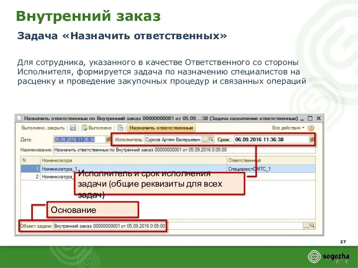 Внутренний заказ Задача «Назначить ответственных» Для сотрудника, указанного в качестве