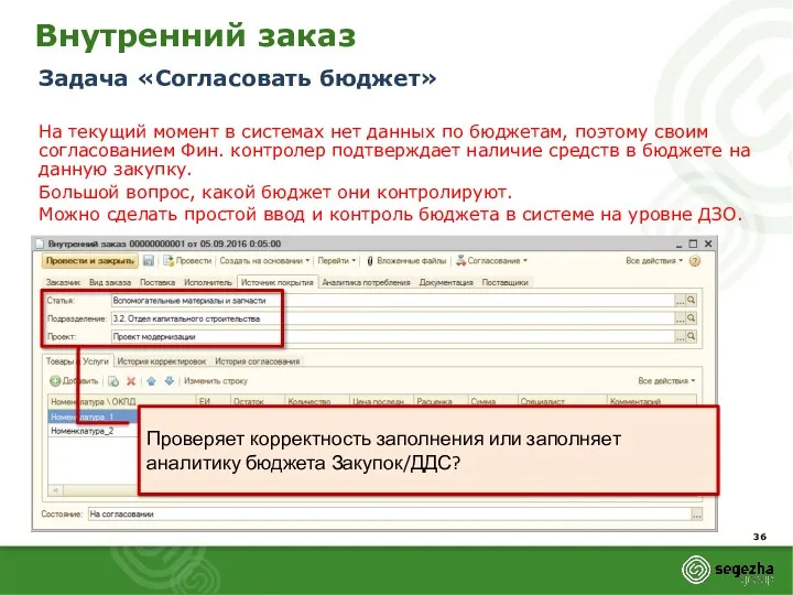 Внутренний заказ Задача «Согласовать бюджет» На текущий момент в системах