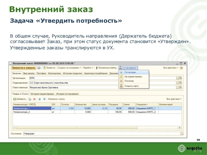 Внутренний заказ Задача «Утвердить потребность» В общем случае, Руководитель направления