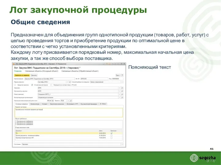 Лот закупочной процедуры Общие сведения Предназначен для объединения групп однотипоной