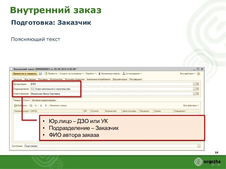 Внутренний заказ Подготовка: Заказчик Поясняющий текст Юр.лицо – ДЗО или