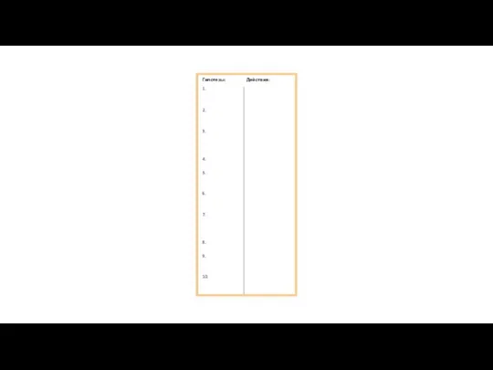 2. 3. 4. 5. 6. 7. 8. 9. 10. Гипотезы: 1. Действия:
