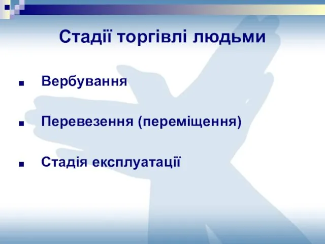 Стадії торгівлі людьми Вербування Перевезення (переміщення) Стадія експлуатації