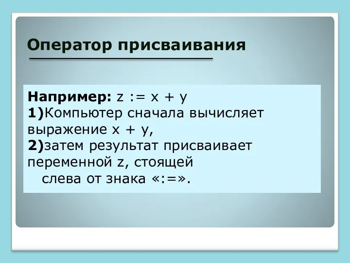 Оператор присваивания Например: z := x + y 1)Компьютер сначала