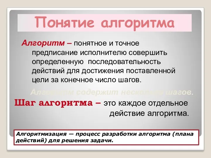 Алгоритм содержит несколько шагов. Шаг алгоритма – это каждое отдельное