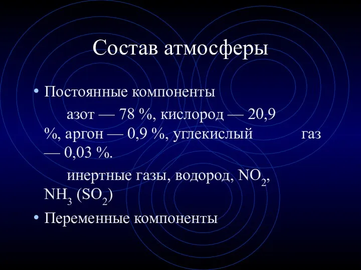 Состав атмосферы Постоянные компоненты азот — 78 %, кислород —