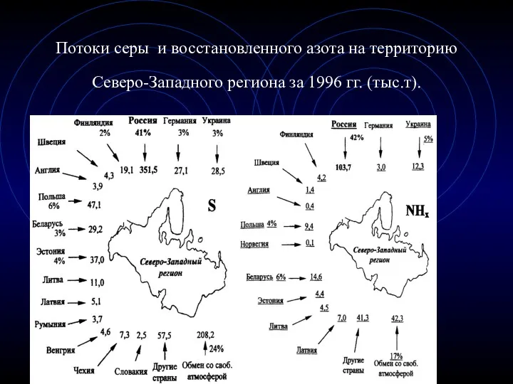 Потоки серы и восстановленного азота на территорию Северо-Западного региона за 1996 гг. (тыс.т).