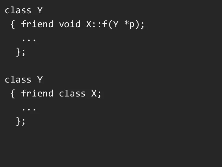class Y { friend void X::f(Y *p); ... }; class