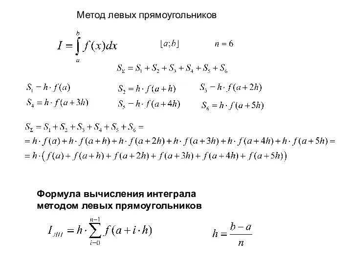 Метод левых прямоугольников Формула вычисления интеграла методом левых прямоугольников