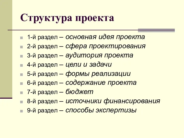 Структура проекта 1-й раздел – основная идея проекта 2-й раздел