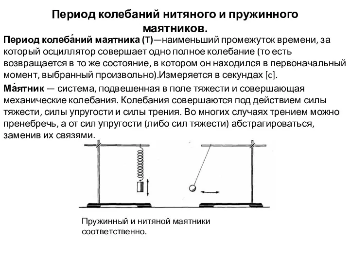 Период колебаний нитяного и пружинного маятников. Период колеба́ний маятника (T)—наименьший