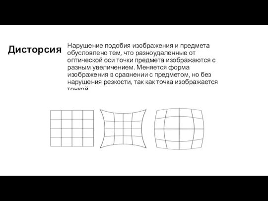 Дисторсия Нарушение подобия изображения и предмета обусловлено тем, что разноудаленные