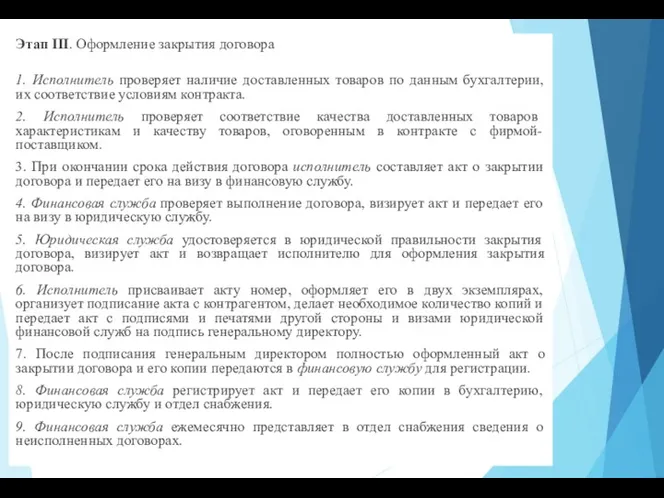 Этап III. Оформление закрытия договора 1. Исполнитель проверяет наличие доставленных