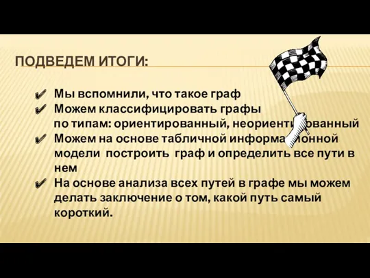 ПОДВЕДЕМ ИТОГИ: Мы вспомнили, что такое граф Можем классифицировать графы