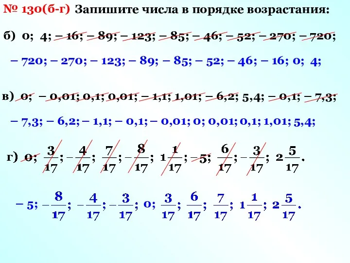 № 130(б-г) Запишите числа в порядке возрастания: б) 0; 4;